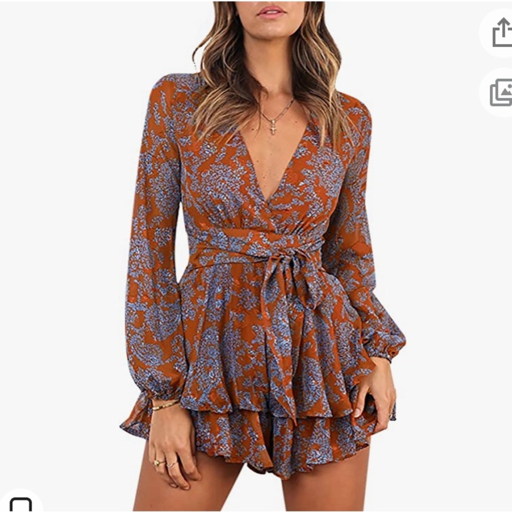 Amazon, orange and lilac floral romper.